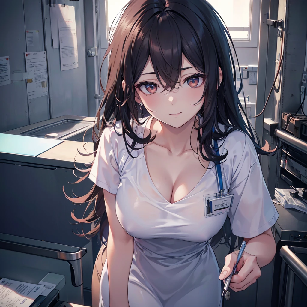 parietal, not wearing anything on head, wear scrubs, White or pale blue scrub clothing,
a nurse aide, with long dark hair, piercing gaze, and a stern expression, no cap, full body view, high resolution, detailed, anime-style illustration, beautiful black hair, almond-shaped eyes, brown eyes, looking down with an intense, psychotic demeanor, large breasts, no piercings, (best quality,4k,8k,highres,masterpiece:1.2),ultra-detailed,(realistic,photorealistic,photo-realistic:1.37), smile,