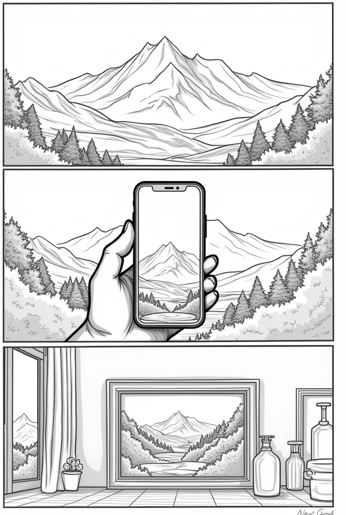 Make a comic strip: Show a beautiful mountain landscape. Then show the landscape on a phone camera. Then show the picture taken framed inside a house. Make the art colorless like a coloring book