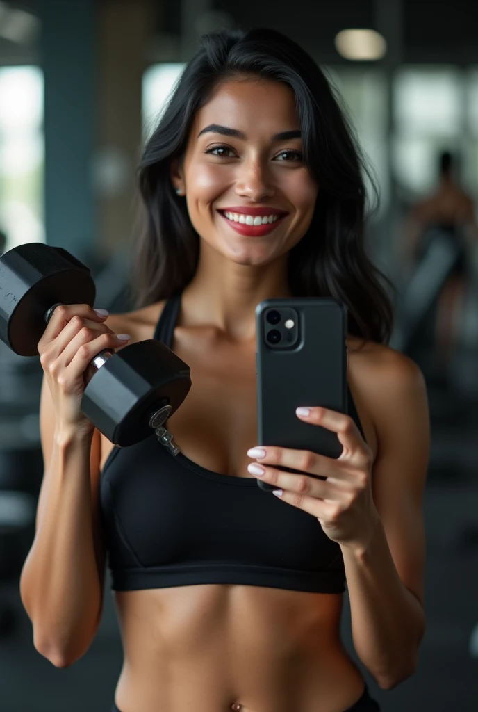 Lovely cute indian girl 30 years old, cute model, long black hair, wearing gym cloths, good smiling face, very detailed face, realistic face, fair girl, white skin girl, detailed and shining eyes, detailed natural hairs, full glossy red lips, soft focus, extremely beautiful, very detailed surroundings, calisthenics muscular body, realistic photo, gym background, show only dumbles rack in gym background, image till body waist, selfie in front of mirror with apple iphone 15 pro max mobile in right hand, show mobile phone in mirror, dumble in one hand, doing exercise in front of mirror,