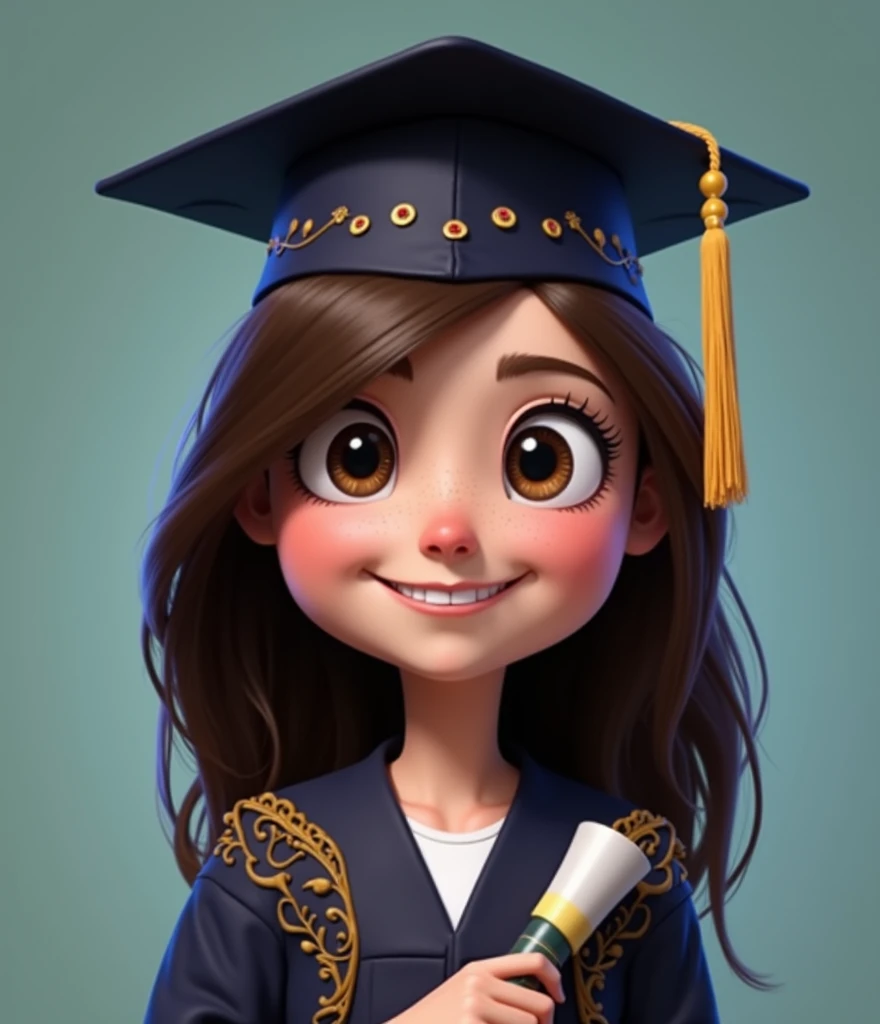 GENERATES A FEMALE PIXAR GRADUATE WITH LIGHT BROWN HAIR AND DARK BLUE GRADUATION CAP