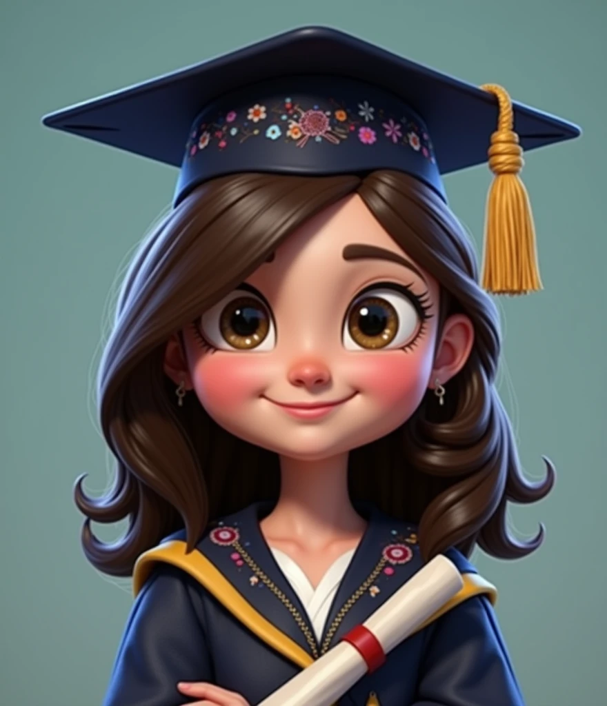 GENERATES A FEMALE PIXAR GRADUATE WITH LIGHT BROWN HAIR AND DARK BLUE GRADUATION CAP