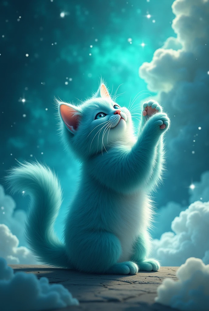 create a turquoise cat, fluffly, realisitic, he is playing with the sky, com as patas para cima, he is sitting sideways, he plays, the turquoise galaxy background 