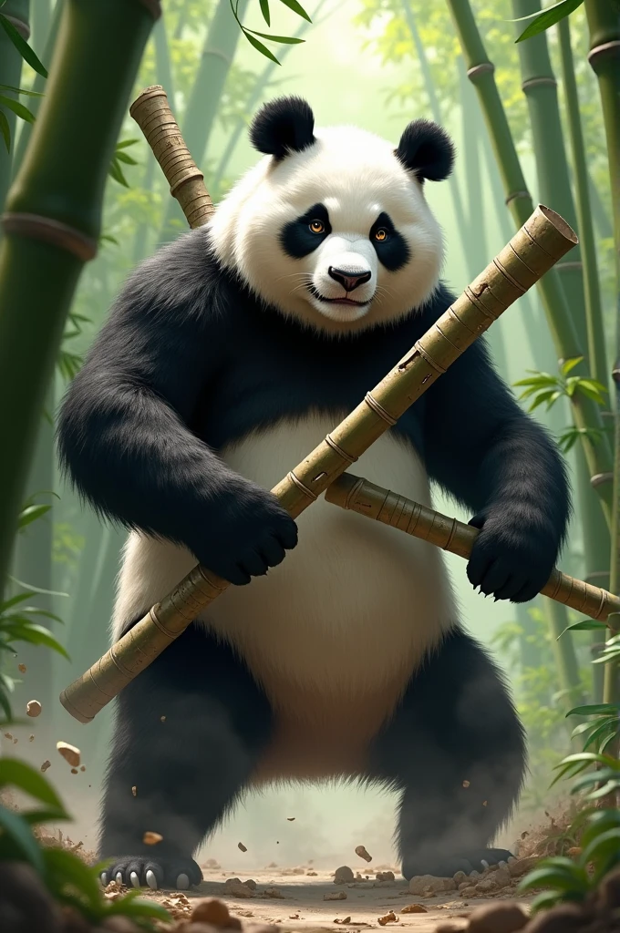 Panda as solder with bamboo sticks