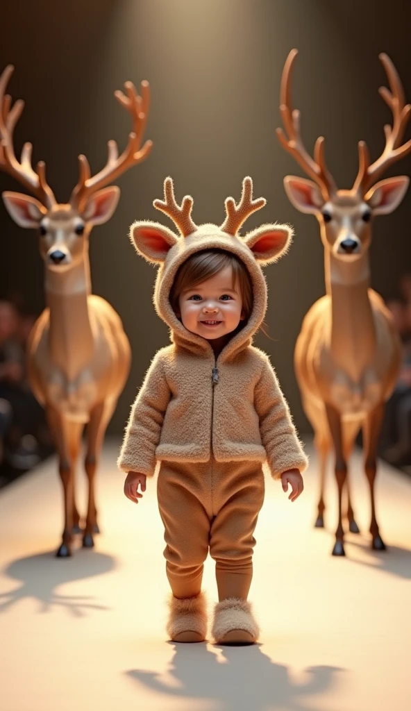 A cute girl is smiling and wearing a deer costume、Fashion show with real deer - ultra realistic Runway