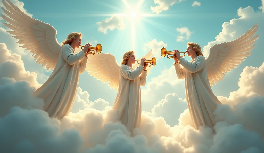 Male angels playing trumpets in the clouds 