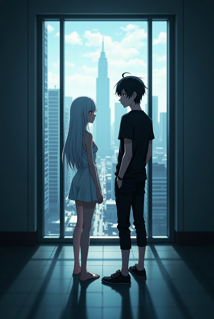 The image is anime style cowboy bebop and Darker than black with shadows and dim lights, anime style although somewhat adult and dark, It shows a single 26-year-old albino woman., white hair and red eyes, and very long hair, She wears a short white dress and bare feet. She is holding the hand of a 2 man with black hair and black eyes., who wears black casual clothes and shoes. They are both in a room that has glass walls from which you can see the daytime image of a large city illuminated by sunlight.. They both look at the front of the image. it is day, in the morning, It&#39;s 13 o&#39;clock:00 pm. They both look at the front of the image. They are looking towards the front of the image