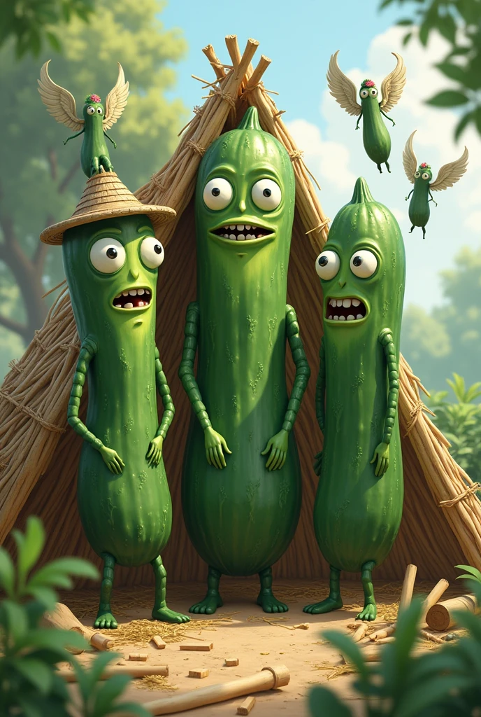 Indigenous cucumbers with face building a straw hut. The hut must be incomplete and the cucumbers must have valkyries. They must have a masculine face and pretty eyes and they cannot lose their cucumber body.. DEBEN HAVE VALKYRIES
