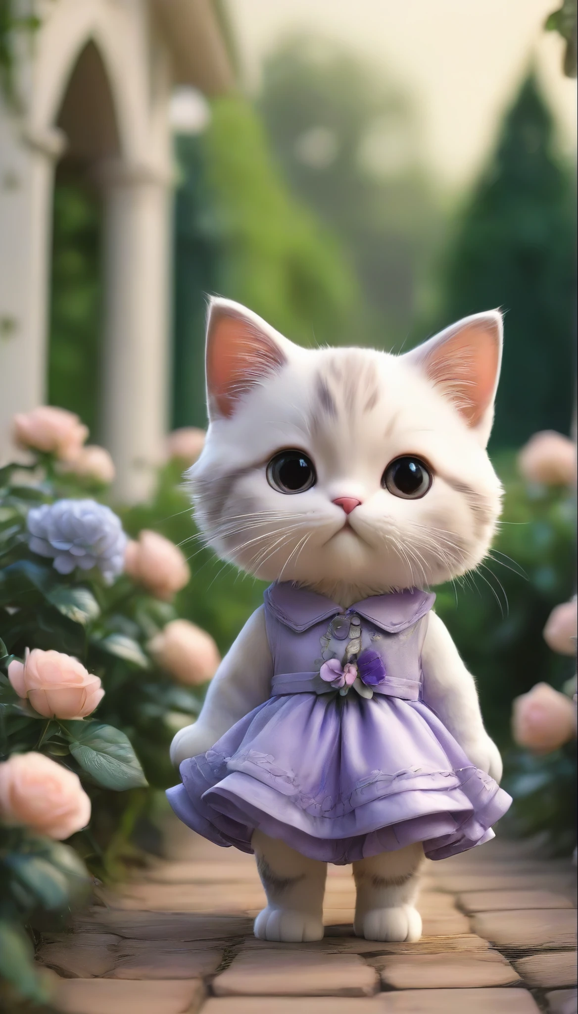 best quality,animal,Cute,no humans,kitten,standing on two legs，hands aside，Brown，Walking in the rose garden　Blue roses are blooming。Walking happily　She is dressed up a little and looking mature in a light purple fluffy dress.、Borrowing the mother cat&#39;s necklace、A precocious cat wearing a pink scarf