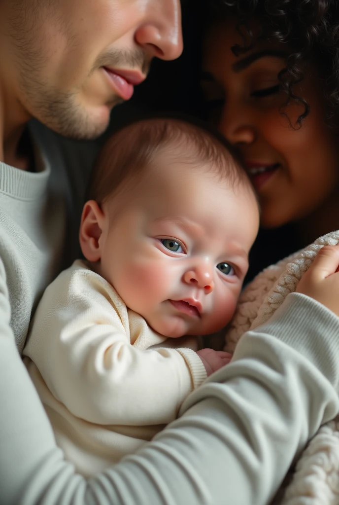 create the image of a baby male child of a couple where the man is 1, is high, light-skinned person, greeneyes, has a dimple, and very straight hair and the mother is a 1 with fair skin, big blue eyes, 3c curly hair