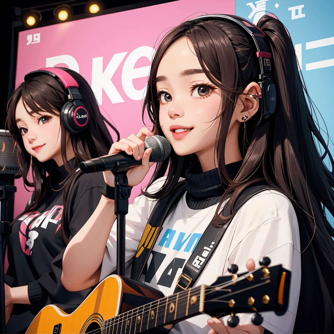 four women、cute smile、Korean idol、Punk style clothing、Recording music performances in the studio、