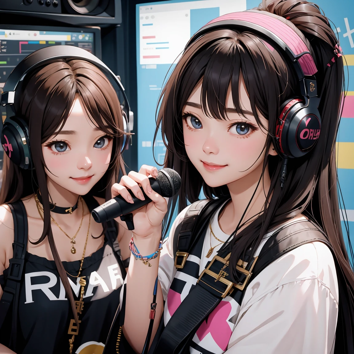 four women、cute smile、Korean idol、Punk style clothing、Recording music performances in the studio、