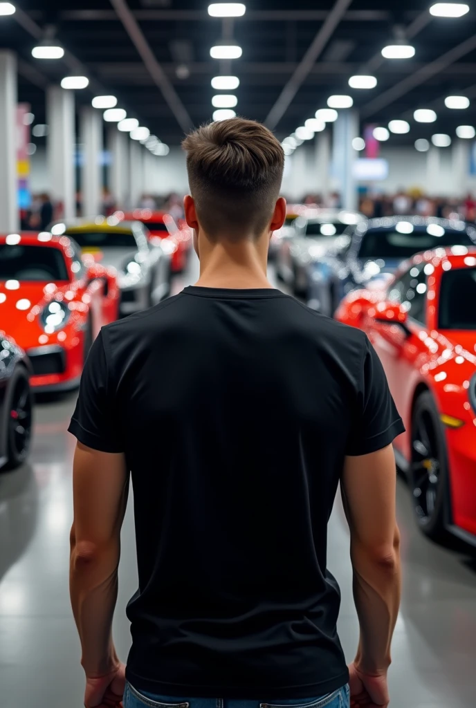 (Photorealism:1.2), Young man, standing backwards, black shirt at a sports car show 