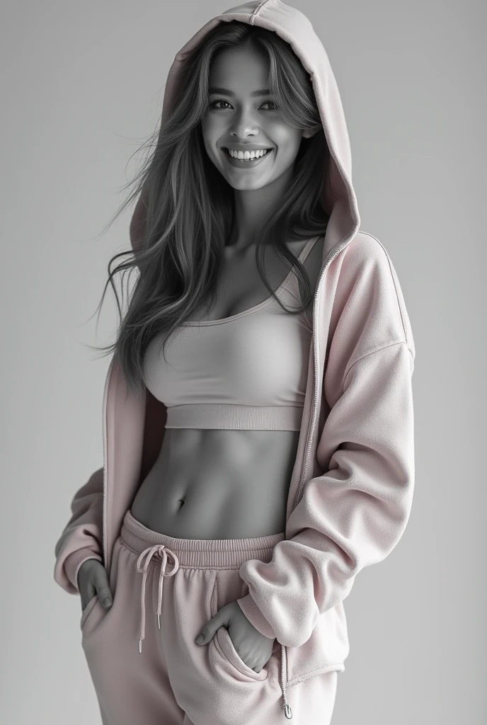 (photorealism:1.2), image ???? et blanc,Femme naturelle et souriante, en jogging rose, avec une capuche sur la tete et les cheveux long. Belle poitrine moyenne visible parce que la veste jogging est à moitié ouverte. Jolie fessie. Analog style