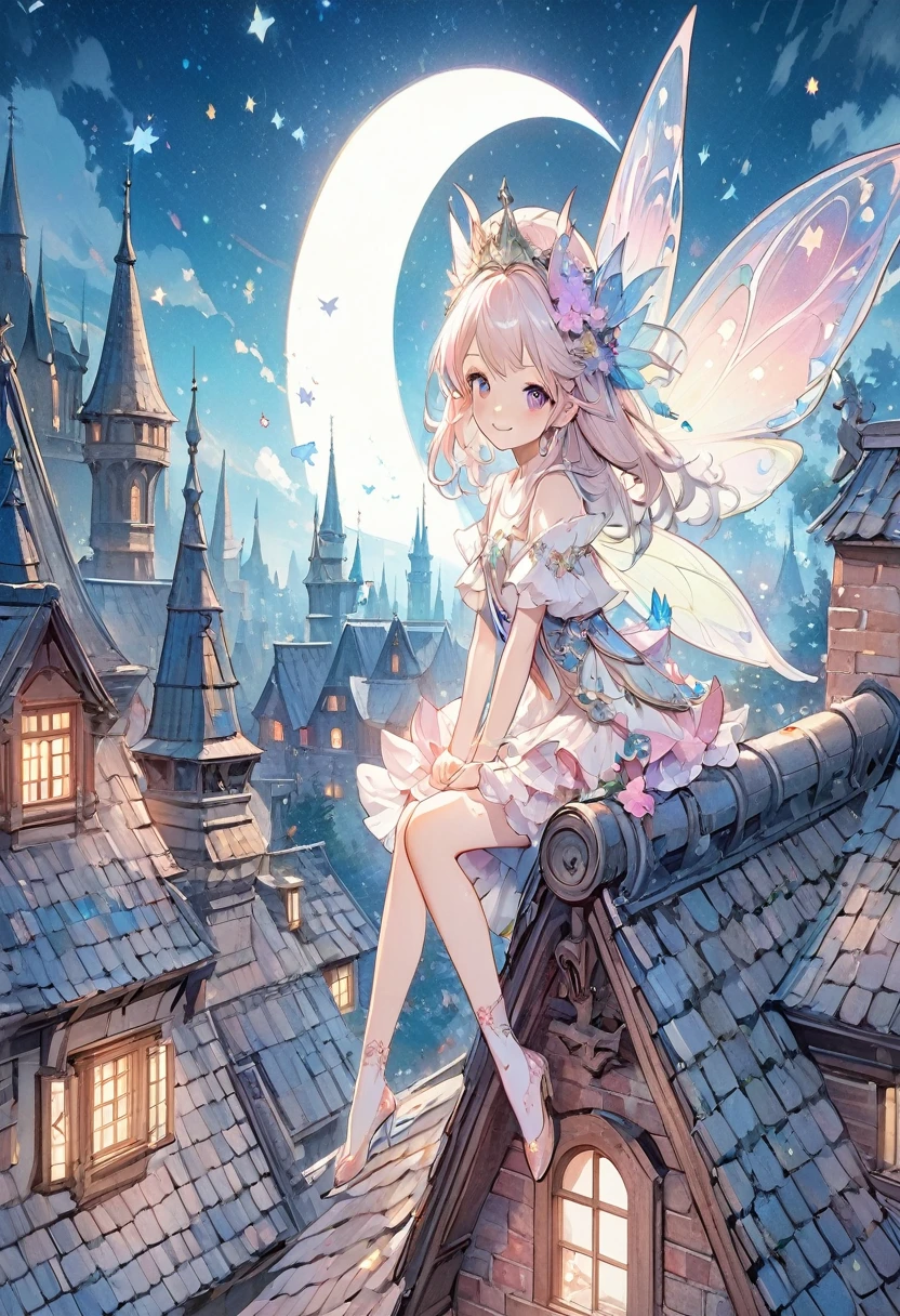 Anime girl with fairy wings sitting on the roof of a house, Beautiful fantasy anime, Anime fantasy illustration, Star Fairy, Fairy aesthetics, Anime fantasy artwork, Smiling like a fairy queen, anime art wallpaper 4k, anime art wallpaper 4k, Fairy tale style illustration, Highly detailed official artwork, artstation pixivでトレンド, guweiz on pixiv artstation