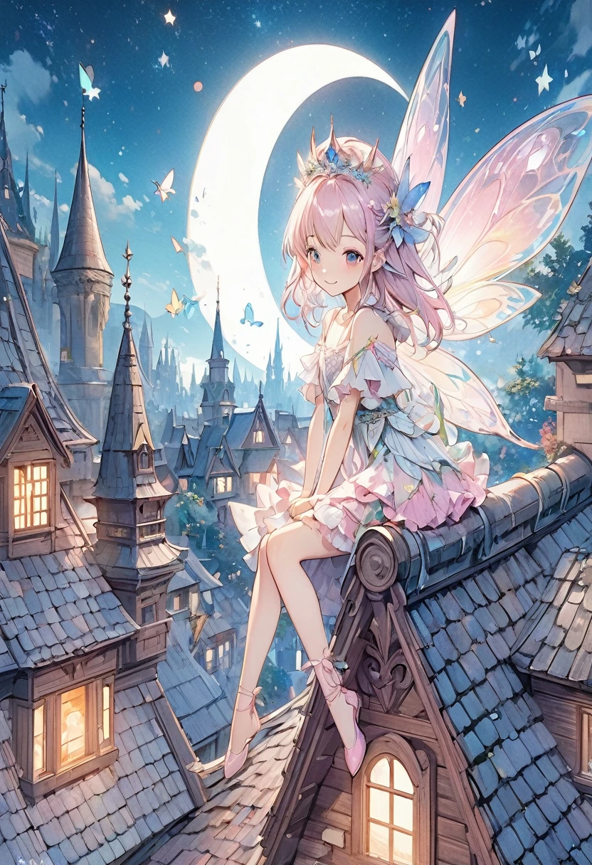 Anime girl with fairy wings sitting on the roof of a house, Beautiful fantasy anime, Anime fantasy illustration, Star Fairy, Fairy aesthetics, Anime fantasy artwork, Smiling like a fairy queen, anime art wallpaper 4k, anime art wallpaper 4k, Fairy tale style illustration, Highly detailed official artwork, artstation pixivでトレンド, guweiz on pixiv artstation