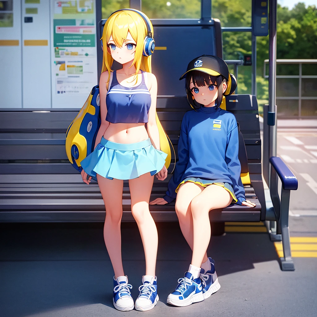 best quality, masterpiece, 1 girl, yellow hair, Blue eyes, splatoon, Highly transparent picture, medium breasts, short, blue headphones, white frilled crop tops, off shoulder, bare shoulder, blue short skirt, mini skirt, long hair, looking down, side view, yellow ink, night, city, delicate、Petite、outside, navel, short sleeve, blue sneaker, on station platform, bench, train, new york,