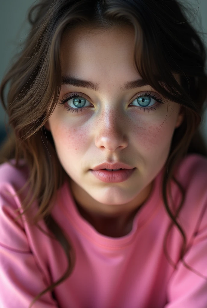 8K, best quality, masterpiece, Ultra-high resolution, (realism: 1.4), original photo, (Realistic skin texture: 1.3), (Film Grain: 1.3), (Selfie Angle), 1 girl, Pink clothes, Sapphire eyes and beautiful facial details, masterpiece, best quality, close up, Upper Body