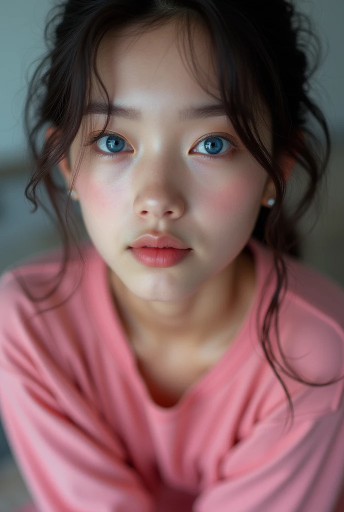 8K, best quality, masterpiece, Ultra-high resolution, (realism: 1.4), original photo, (Realistic skin texture: 1.3), (Film Grain: 1.3), (Selfie Angle), 1 girl, Pink clothes, Sapphire eyes and beautiful facial details, masterpiece, best quality, close up, Upper Body
