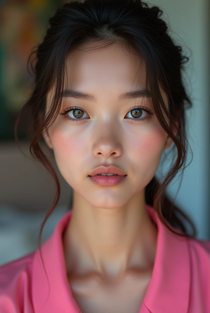 8K, best quality, masterpiece, Ultra-high resolution, (realism: 1.4), original photo, (Realistic skin texture: 1.3), (Film Grain: 1.3), (Selfie Angle), 1 girl, Pink clothes, Sapphire eyes and beautiful facial details, masterpiece, best quality, close up, Upper Body