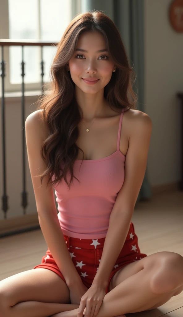 High Resolution, Brown Hair, Masterpiece, Accurate, Anatomically Correct, Best Quality, High Details, High Quality, Black Hair, Breasts, Closed Mouth, Realistic Photos. The image is a portrait of a young Indonesian woman sitting on the floor with her legs crossed. She is wearing a pink tank top and red shorts with white stars on them. Her long brown hair is styled in loose waves and she is looking directly at the camera with a slight smile on her face. The background is blurred, but it appears to be a room with a window and a railing. The overall mood of the image is relaxed and casual.