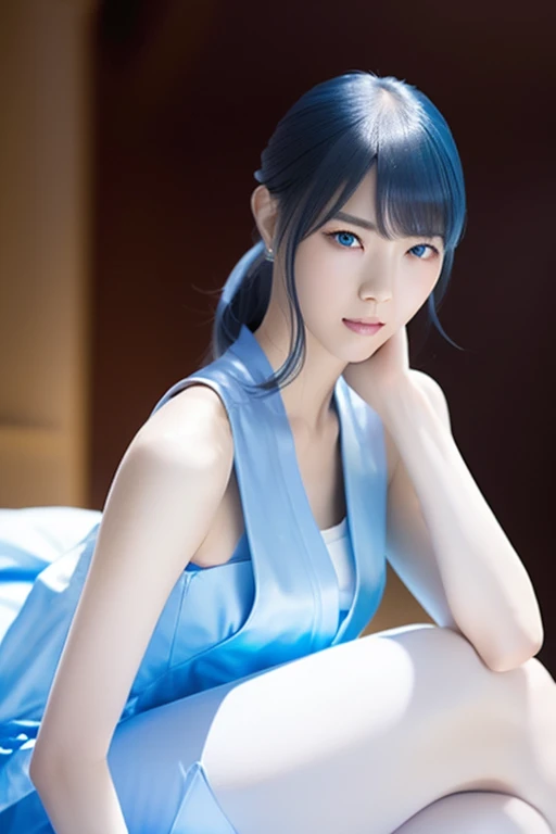 Long, slender legs, Woman with sky blue hair posing, Tight light blue suit, Dress neatly, Elegant legs, Wear white high heels，girl, Very beautiful, long and slender legs, Close-up portrait of a woman in a blue suit and red cape, Capcom, As a Tekken character, fighting game character,King of Fighters character,