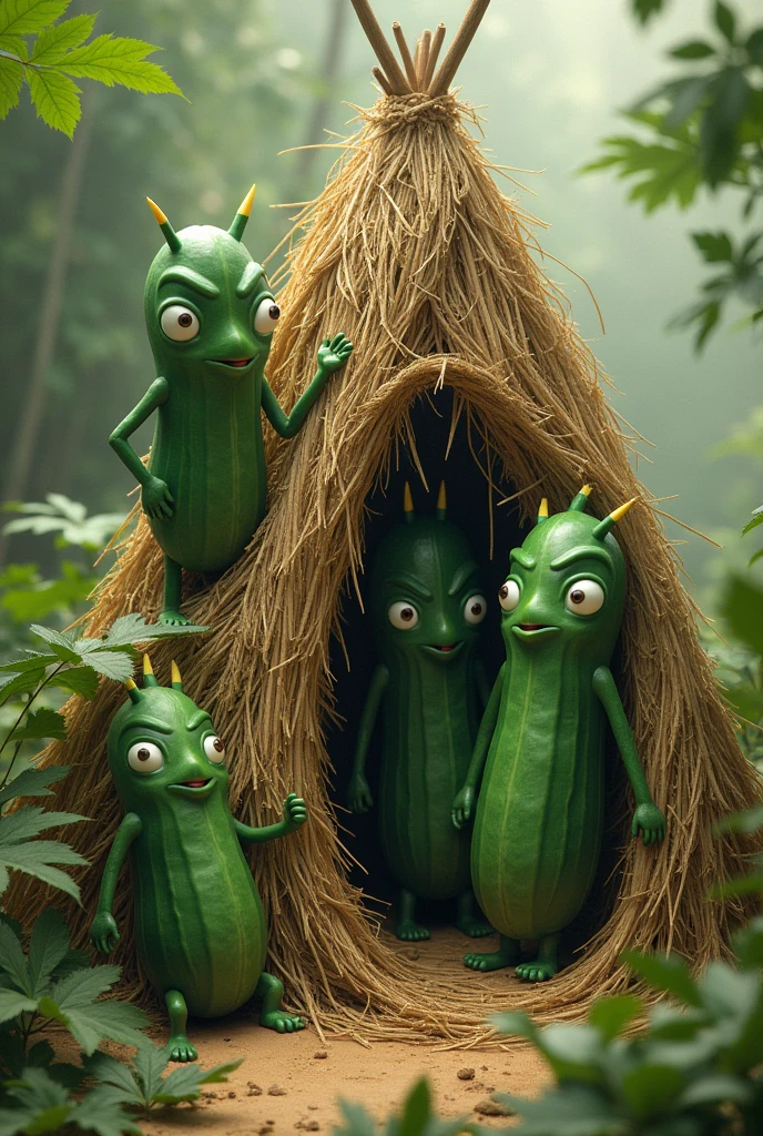 Indigenous cucumbers with face building a straw hut. The hut must be incomplete and the cucumbers must have valkyries. They must have a masculine face and pretty eyes and they cannot lose their cucumber body.. THEY SHOULD HAVE ANCIENT VALKYRIES