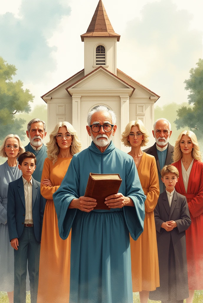 (abstract ,easy water color, landscape) , a old men with circle glasses holding a bible,
(three young american pastors their hair is blonde) , FIVE (5) old western women their age is 60 years old in a dress , (one little boy) in a formal suite, (facial expression solemn and brave), Christian Church at background, this art is about honoring them.