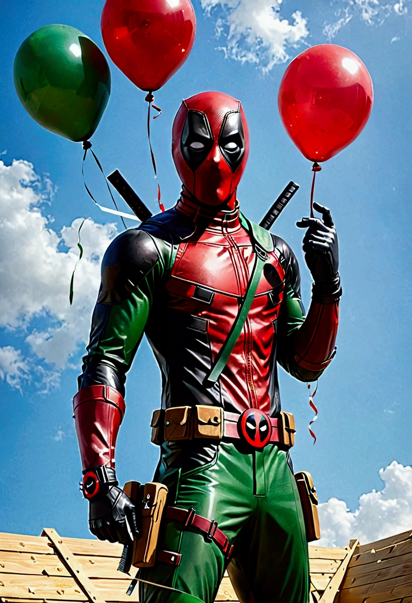 Create a character named 'Maskpool,' a fusion of The Mask and Deadpool. The character has a green mask with Deadpool's black and red color scheme, blending chaotic energy with playful mischief. He wears a suit similar to Deadpool's, but with graphics that change.  shape according to his imagination. He wields two katanas, which transform into whimsical objects like oversized baguettes or balloons. The background should be dynamic and chaotic, reflecting the character's unpredictable nature, with Maskpool showcasing a mischievous grin as he prepares for action.Realistic image  ,high resolution.