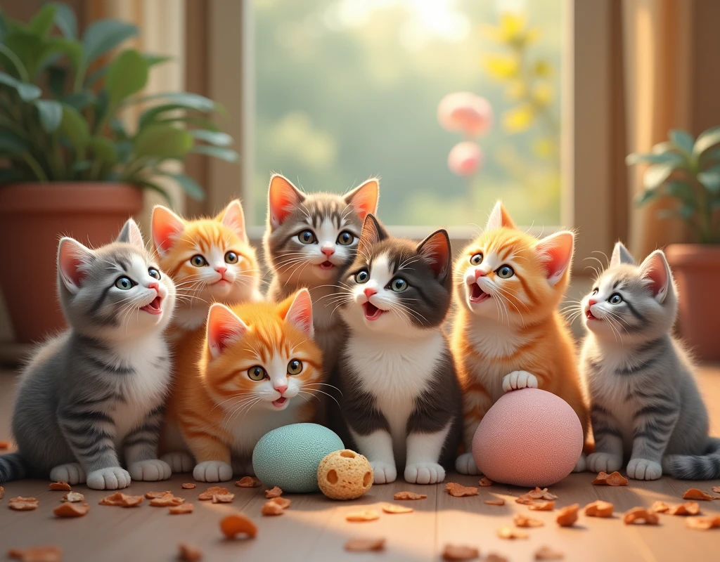 A group of various cats playing with cat toys, happy expressions, diverse fur colors, (best quality,4k,8k,highres,masterpiece:1.2),ultra-detailed,(realistic,photorealistic,photo-realistic:1.37),cute kittens,feline,fluffy,soft fur,adorable,playful,curious,multi-colored,tabby,calico,persian,siamese,maine coon,vibrant colors,warm lighting,natural setting,cozy atmosphere