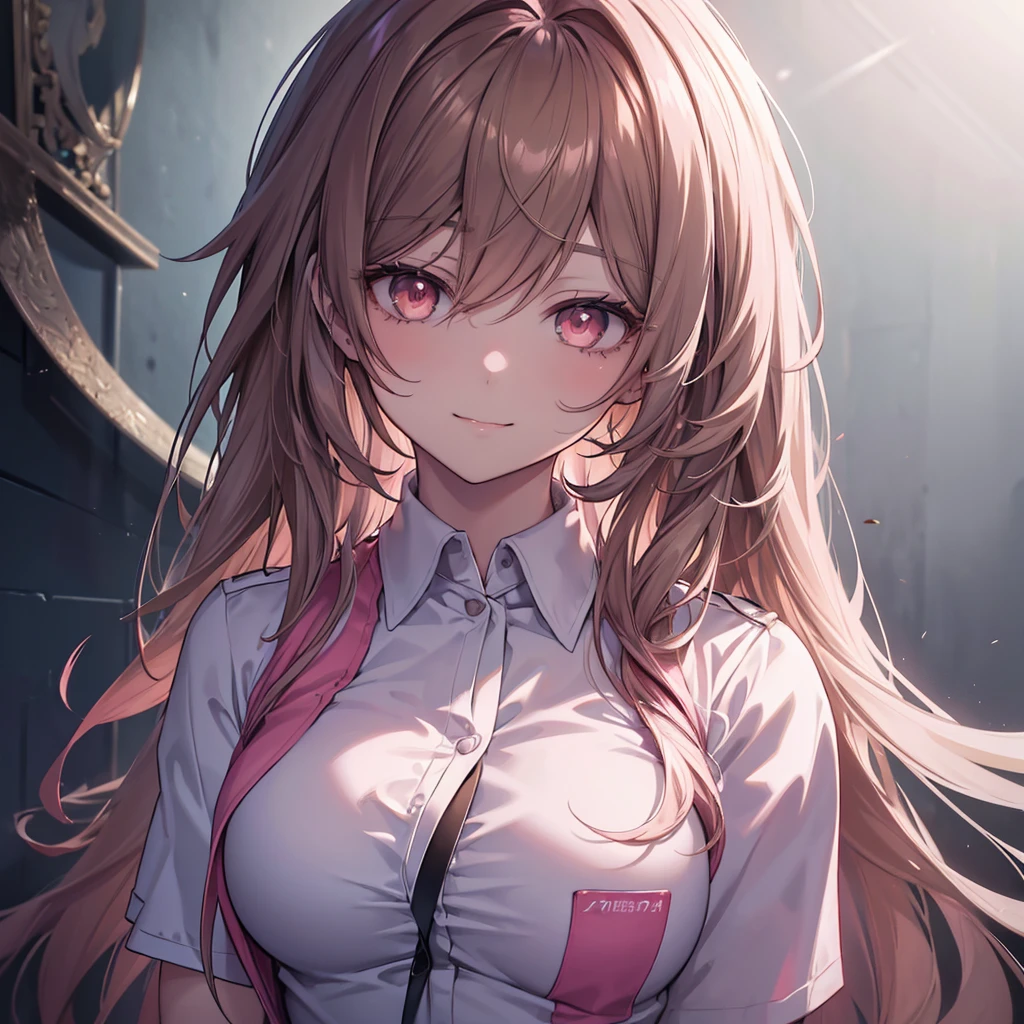 parietal, a beautiful detailed portrait of a long-haired nurse aide, with no hat, large breasts, in an anime style, high resolution, photorealistic, dramatic chiaroscuro lighting, intricate details, piercing gaze, ominous aura, beautiful brown eyes, sharp facial features, strong presence, pink eyes, smile,