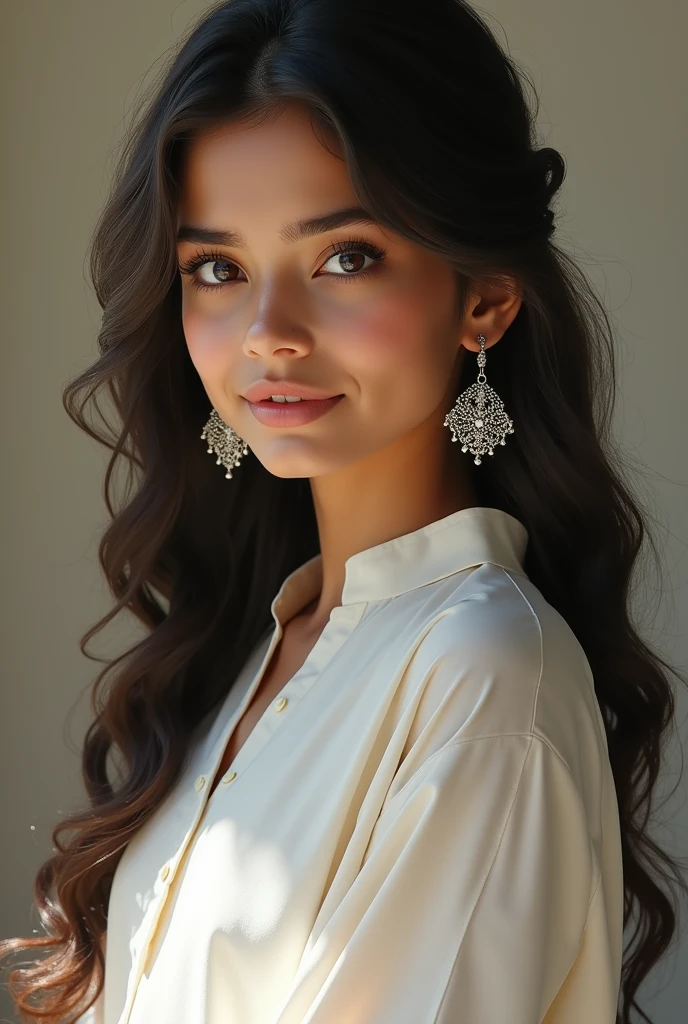 A 16 year olf girl wearing a white kurta and got some very beautiful dilver colour big earings and a long and silky hair with a bery beautiful face!!!