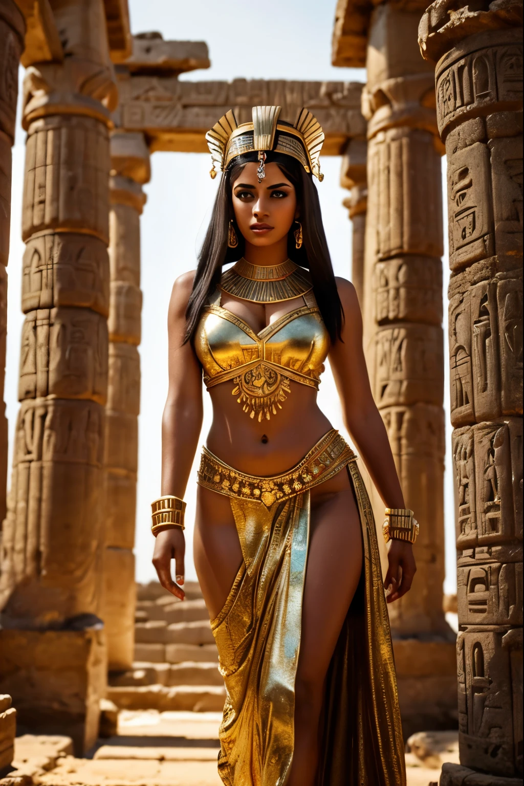 a beautiful, detailed, photorealistic portrait of Cleopatra, queen of Egypt, walking down the palace steps with perfect feminine curves, perfect ass and bosom, Egyptian pyramids in the background, intricate jewelry, flowing robes, majestic and powerful expression, dramatic lighting, vibrant colors, cinematic composition, masterpiece, hyper detailed, 8k, lifelike, award winning digital art