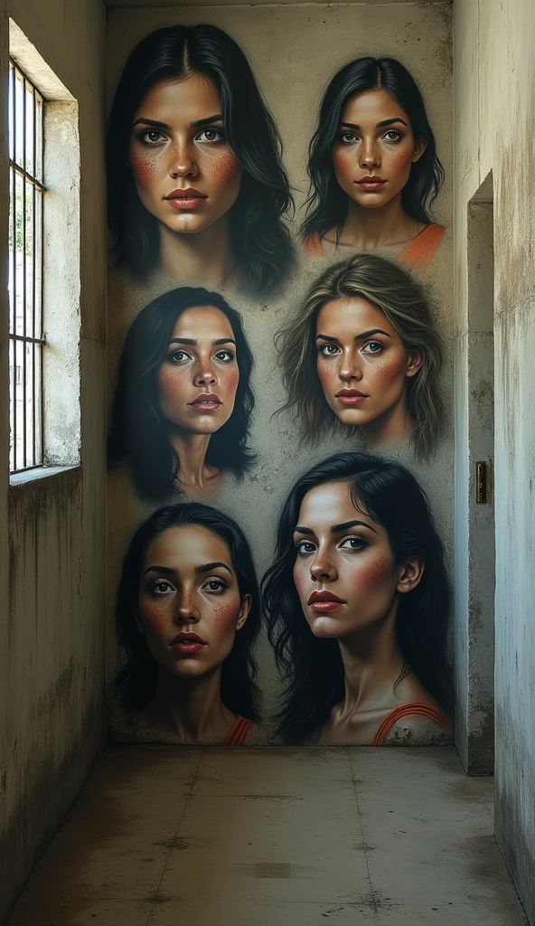 Illustrates some portraits of women on a cell wall in a prison