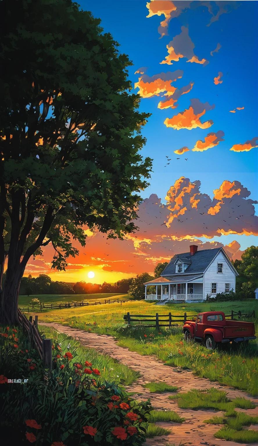 painting of a farm scene with a red truck and a white house, beautiful detailed scene, anime countryside landscape, amazing wallpaper, detailed painting 4 k, warm beautiful scene, scenery artwork, hd wallpaper, amazing background, country landscape, beautiful wallpaper, beautiful scene, beautiful sunset, high quality wallpaper, 4 k hd wallpaper very detailed, high quality desktop wallpaper