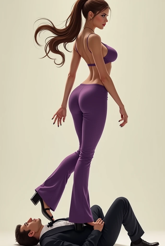 Mistress walking l on man's body ,Beautiful Mistress,brown bun hairs, wearing purple boot-cut pants, wearing purple underwear, wearing black sandals, handsome man,  man wearing suit