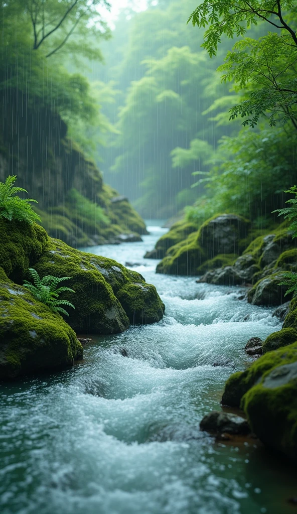 the beauty of the flowing river and the green mossy rocks, light rain