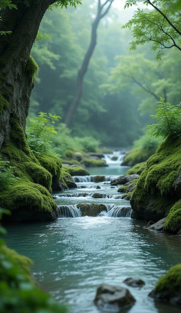 the beauty of the flowing river and the green mossy rocks, light rain