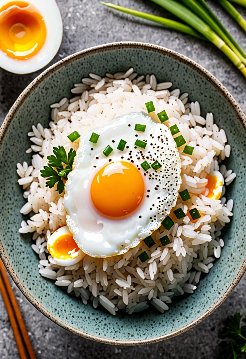 A bowl of rice with a raw egg on top