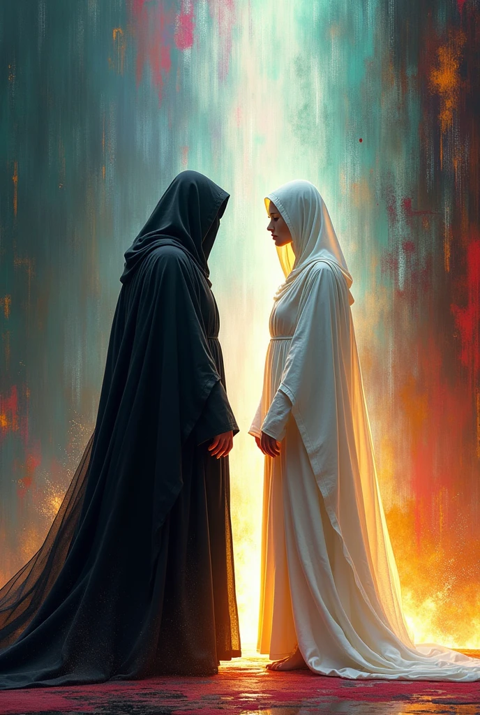 A person in a black robe is facing a person in a white robe, with his back to the person in a bright colored background.