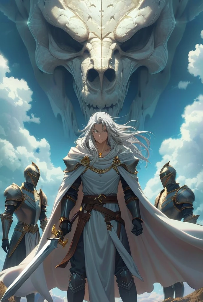 Artwork, highest quallity, アニメ. Goblin Slayer art style, high resolution,
A light-skinned boy, long, platinum blonde hair, shiny wavy locks, light gray eyes, knight is 2, wearing a gleaming full plate of silver armor, with a long cape as white as the clouds in the sky, wielding a long sword with a silver blade and a gold jeweled handguard. The Knight should be looking at the viewer with an angry grin.. The armor has ornate details in gold and silver.The background is a night sky with stars shining vividly..