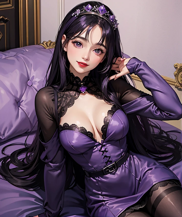 16k, a woman beautiful dress, ((purple dress and black stocking)), purple flowers in head up, smile, realistic  high detailed, ultra realistic, indoor room bed sleep, as queen, red lipstick 