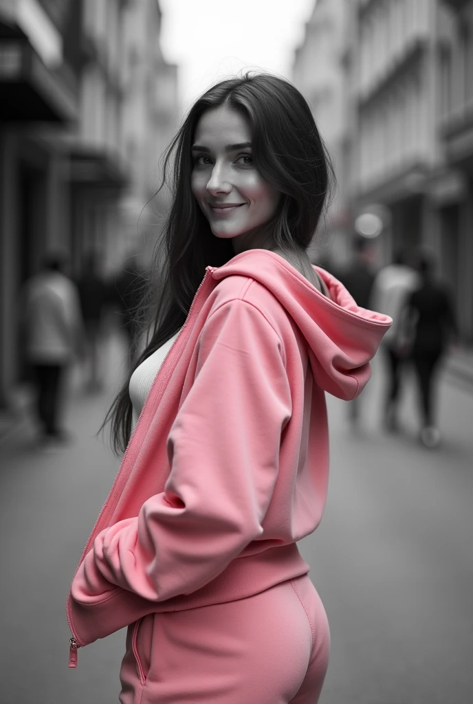 (photorealism:1.2), image noir et blanc,Femme naturelle et souriante dans la rue, en jogging rose, avec une capuche sur la tete et les cheveux long. Belle poitrine moyenne visible parce que la veste jogging est à moitié ouverte. Jolie fessier. Analog style