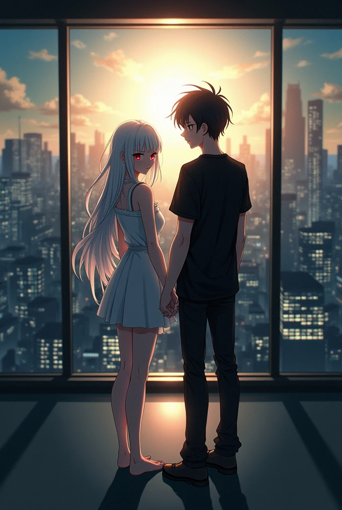 The image is anime style cowboy bebop and Darker than black with shadows and dim lights, anime style although somewhat adult and dark, It shows a single 26-year-old albino woman., white hair and red eyes, and very long hair, She wears a short white dress and bare feet. She is holding the hand of a 2 man with black hair and black eyes., who is wearing an oversized black t-shirt and shoes. They are both in a room that has glass walls from which you can see the daytime image of a large city illuminated by sunlight.. They both look at the front of the image. it is day, in the morning, It&#39;s 13 o&#39;clock:00 pm. They both look at the front of the image. They are looking towards the front of the image. They hold hands