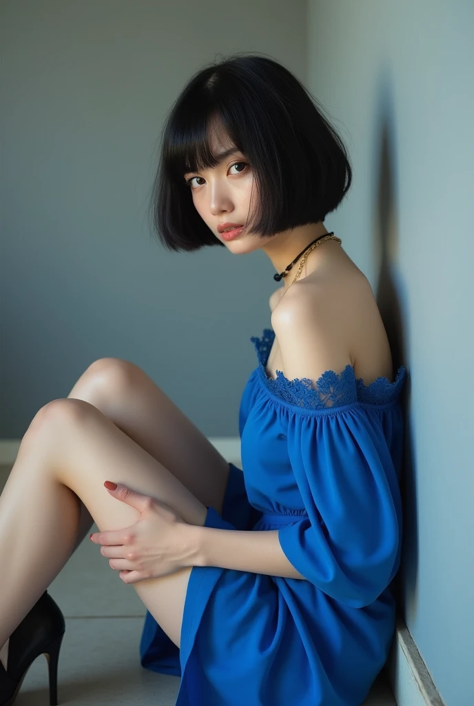 (RAW Photos, Highest quality, masterpiece: 1.2), (Realistic: 1.4), Best lighting, 20-year-old, (light black hair, Short Bob Cut, Divide your hair into 3/7ths, hair above one ear, :1.15), (Symmetrical blue, clear eyes, alone, Mid-chest, Detailed skin, :1.2), ((Pale gray walls and floor, Photo studio, Sitting on the floor, Sit leaning against a wall, Bright blue off-the-shoulder short dress, Lace choker, Slender necklace, Wearing black high heels, Beautiful legs, Cinema Lighting, Sensual look, From the side))