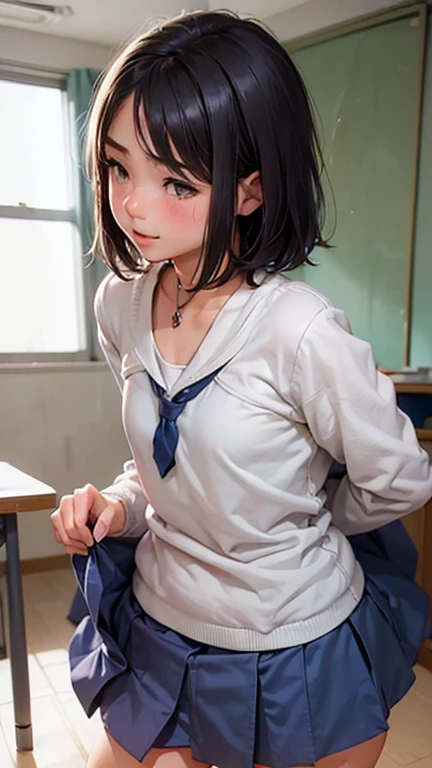 A lot of skin exposure, High school students, in school uniform, hair behind ear, lightsmile, oral invitation, Black hair, Ponytail, In summer uniform, crossedlegs, Twin-tailed, expressive hair, bob cuts, Lonely nape hair, wariza, Knee Stow Chest, onback, fetal position, Anime, Anime style, drop shadow, 4K, Best Quality, awardwinning, Super Detail, Textured skin