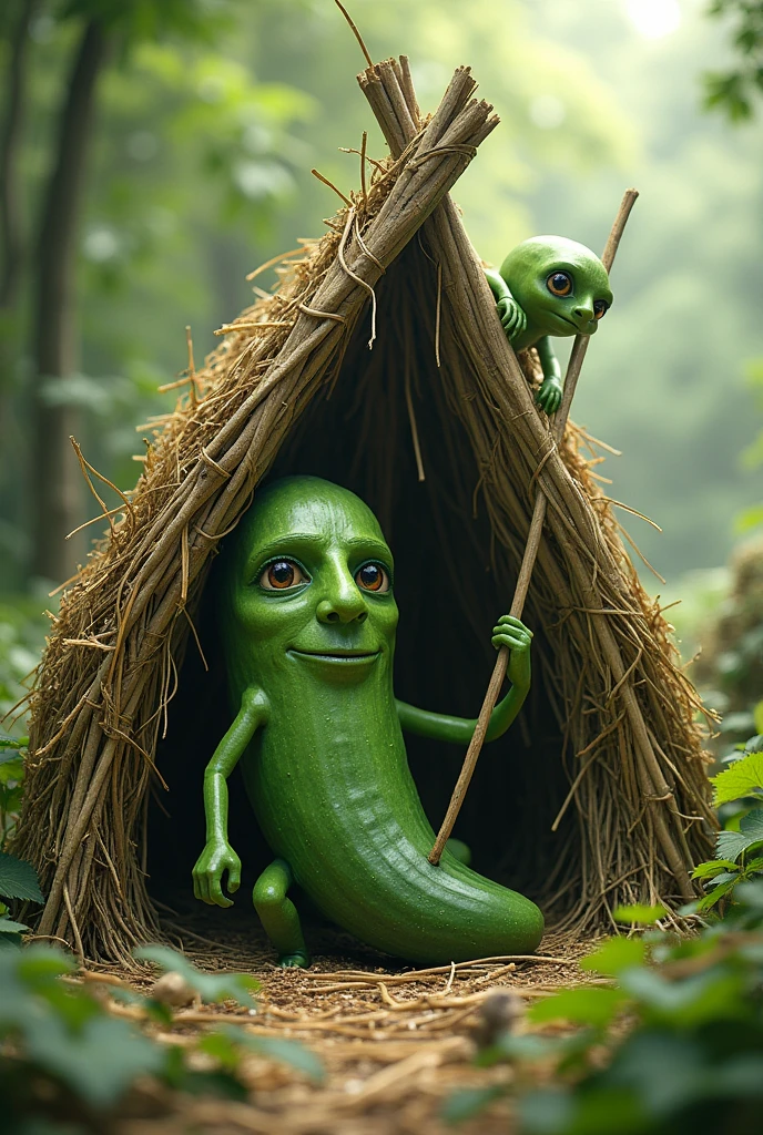 Indigenous cucumbers with face building a straw hut. The hut must be incomplete and the cucumbers must have valkyries. They must have a masculine face and pretty eyes and they cannot lose their cucumber body.