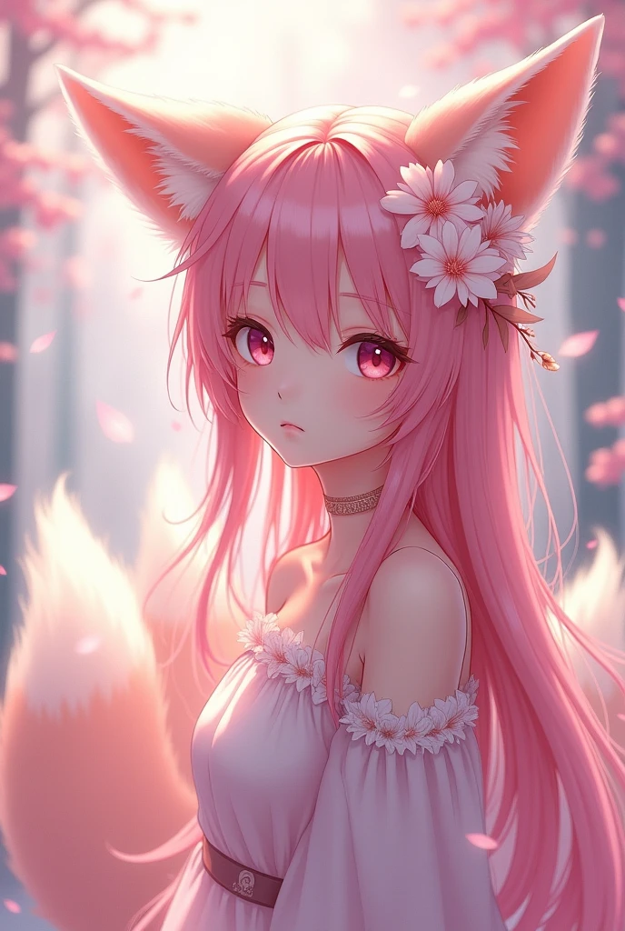 Nine snow-white fox tails (1.0), Milky white fox tail (1.0), Nine-tailed fox close-up, Nine Tails, Nine Tails, Pink Hair、Wearing a pink dress、Anime girl with flowers in her hair, very Beautiful anime fox girl, Beautiful anime fox girl, Beautiful fantasy anime, Gu Weiss, Anime girl with fox ears, Beautiful anime girl, Very beautiful and cute fox girl, Pink Flower Rain, Background blur, Anime style 4k, Anime Fantasy Artwork, 4k anime wallpaper, Guvez-style artwork