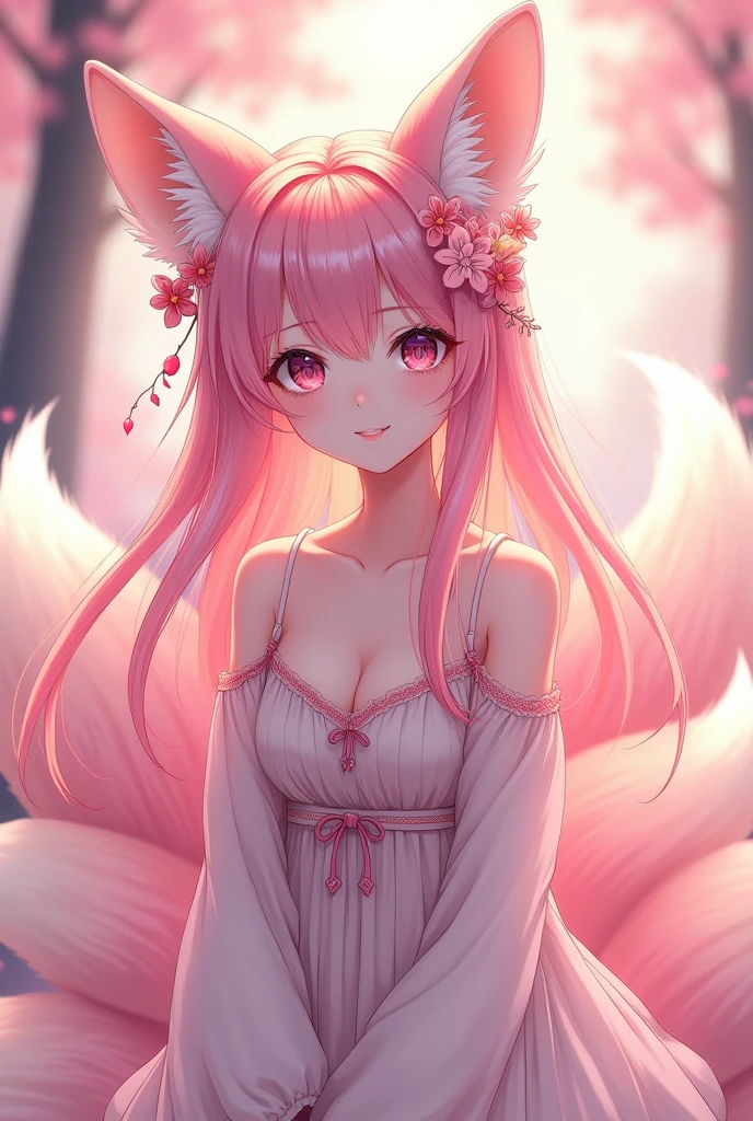 Nine snow-white fox tails (1.0), Milky white fox tail (1.0), Nine-tailed fox close-up, Nine Tails, Nine Tails, Pink Hair、Wearing a pink dress、Anime girl with flowers in her hair, very Beautiful anime fox girl, Beautiful anime fox girl, Beautiful fantasy anime, Gu Weiss, Anime girl with fox ears, Beautiful anime girl, Very beautiful and cute fox girl, Pink Flower Rain, Background blur, Anime style 4k, Anime Fantasy Artwork, 4k anime wallpaper, Guvez-style artwork