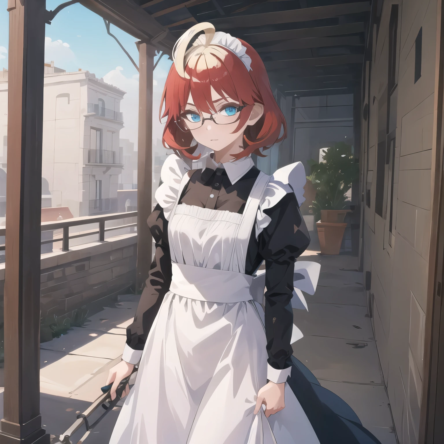 mela (pokemon),ahoge,freckles,
BREAK {maid:1.40}, {long maid dress:1.15}, frilled apron, ((glasses)),
BREAK looking at viewer, upper body, full body, (cowboy shot:1.5),
BREAK outdoors, nature, sky,
BREAK (masterpiece:1.2), best quality, high resolution, unity 8k wallpaper, (illustration:0.8), (beautiful detailed eyes:1.6), extremely detailed face, perfect lighting, extremely detailed CG, (perfect hands, perfect anatomy),