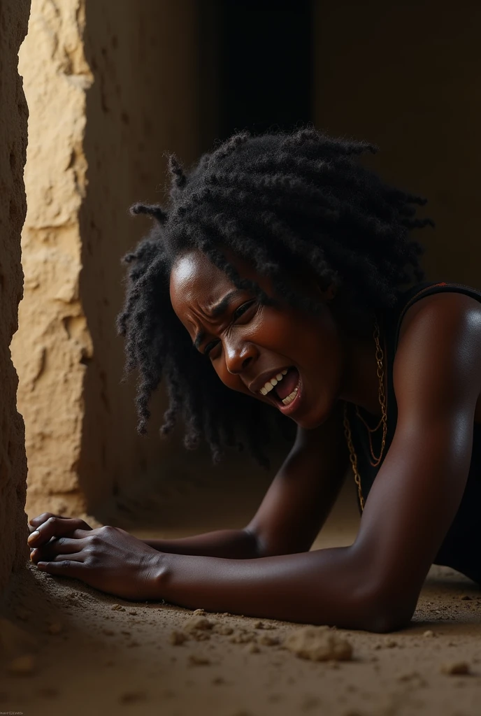 Generate an image of a black young lady dramatically crying bitterly in the floor of her compound